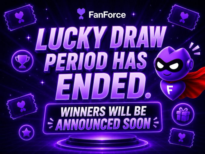 FanForce promotional graphic announcing that the 'LUCKY DRAW PERIOD HAS ENDED' with 'WINNERS WILL BE ANNOUNCED SOON,' featuring a purple superhero mascot on a neon background.