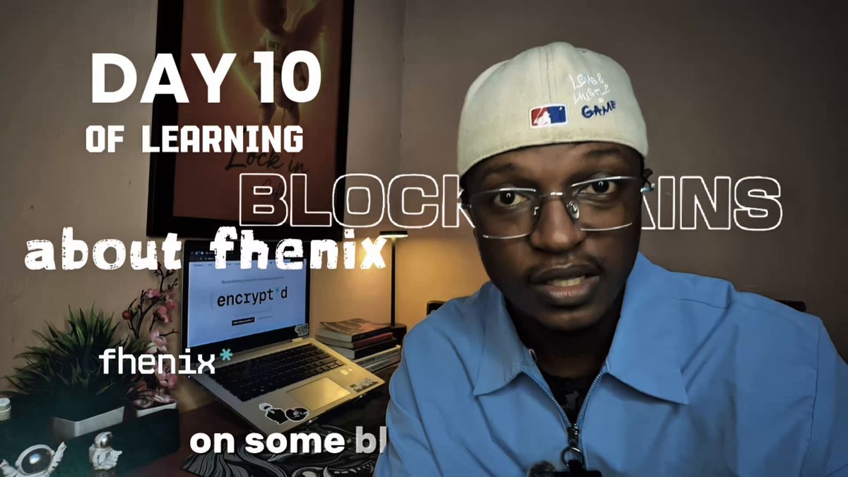 The image features a man wearing glasses, sitting at a desk with an open laptop computer. He appears to be looking directly into the camera while holding the laptop. The background includes a picture of a baseball player and text that reads "day 10 of learning about @fhenix". This suggests that the post is related to the topic of learning about Fenix, possibly discussing its features or benefits for users.
