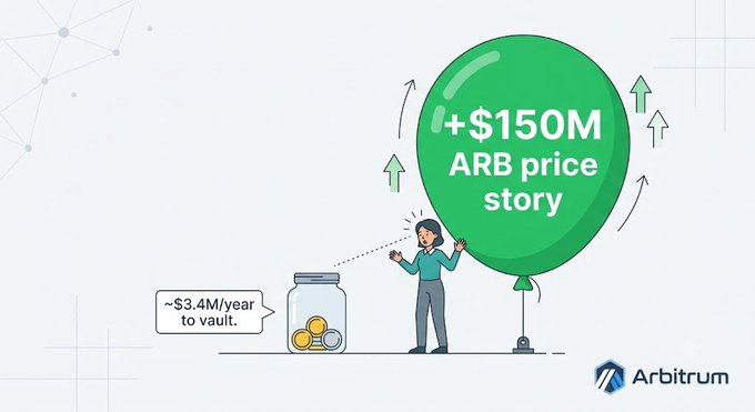 An Arbitrum (ARB) infographic showing a person with a giant green balloon labeled '+$150M ARB price story,' contrasting with a jar of coins representing '~$3.4M/year to vault.'