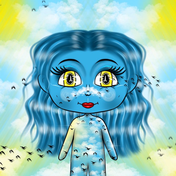 A blue-skinned anime-style girl with long flowing hair, large yellow eyes, and red lips stands surrounded by clouds and flying birds against a sky background.