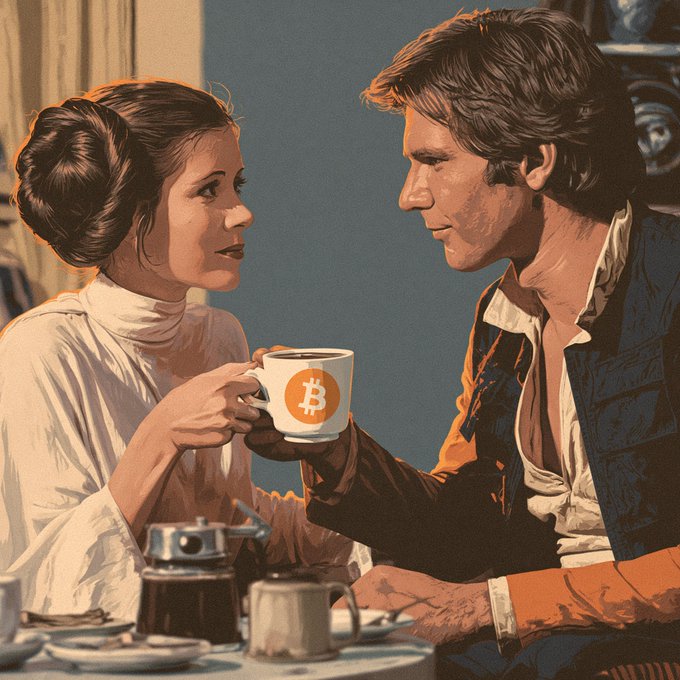 An illustrated parody of the iconic Princess Leia and Han Solo scene from Star Wars, with Leia handing Han a mug prominently displaying the Bitcoin "₿" logo. The image playfully ties into the post's optimistic "Bitcoin is hope" message, suggesting that crypto enthusiasm is the new symbol of optimism in today's culture.