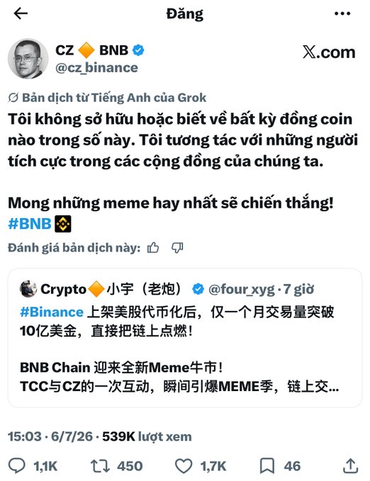 A Vietnamese-language X (Twitter) post from CZ @cz_binance (BNB) saying he doesn't own any of the listed coins but interacts with active community members, wishing the best memes will win, with a quoted post about BNB Chain's Meme season from @four_xyg.