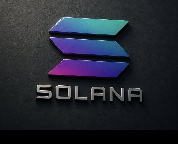 A 3D rendered logo for 'SOLANA' featuring three gradient-colored parallelogram shapes on a dark textured background.