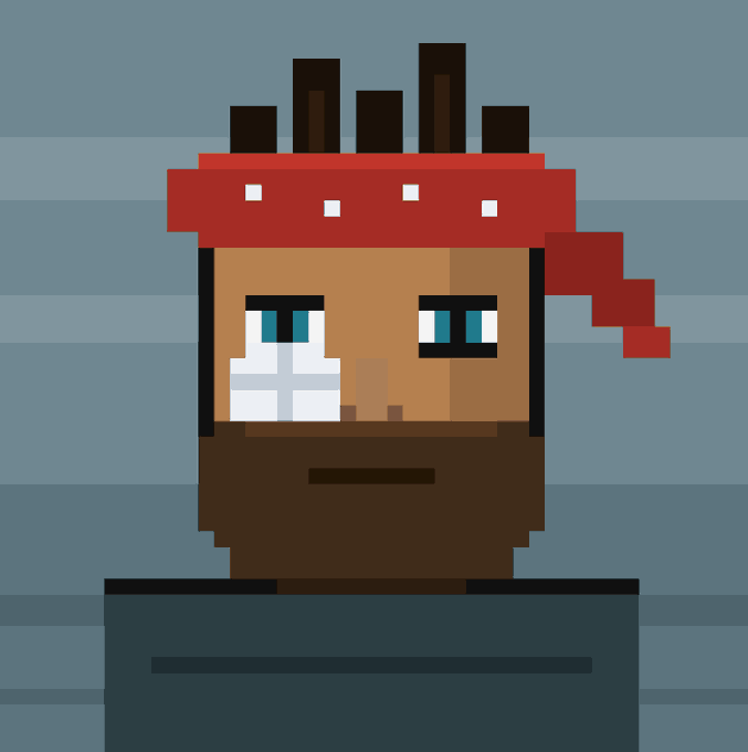 A pixel art illustration of a bearded character wearing a red bandana, depicted with blocky, 8-bit style graphics against a blue background.
