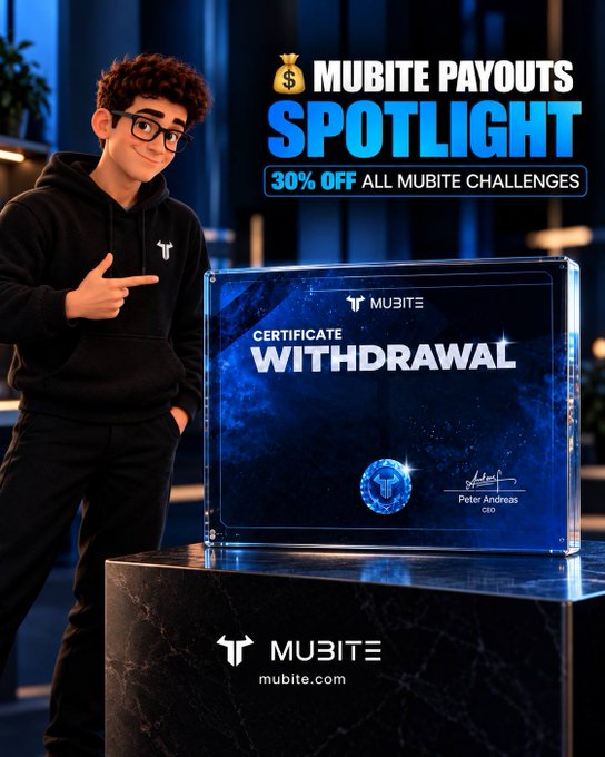 A promotional graphic for 'MUBITE PAYOUTS SPOTLIGHT' advertises '30% OFF ALL MUBITE CHALLENGES' with an animated character pointing at a glowing certificate of withdrawal displayed on a pedestal.