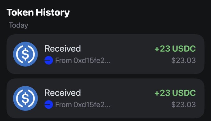 A screenshot of a Token History page on MoonPay shows two incoming USDC transactions of +23 USDC (approximately $23.03 each) received today from the address 0xd15fe2..., indicating the user finally successfully completed their purchase after initially struggling.