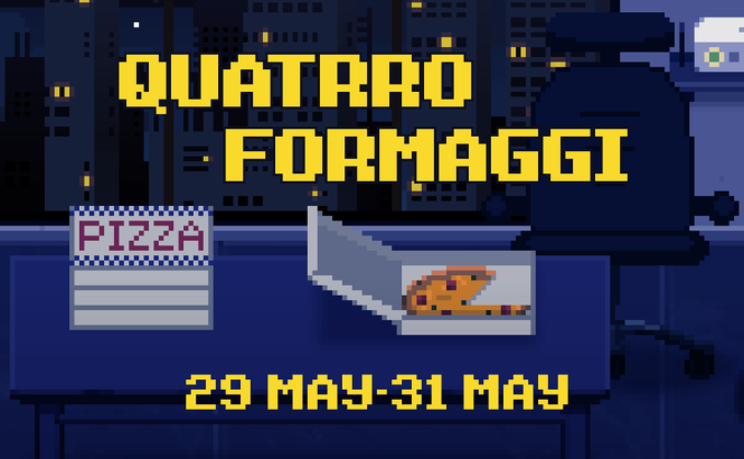 The image features a poster advertising a pizza shop called "Quattro Formaggi" with a pizza inside of a box, along with an advertisement for a video game. The poster also includes a date and time for the event, which is on May 31st at 9:30 am.