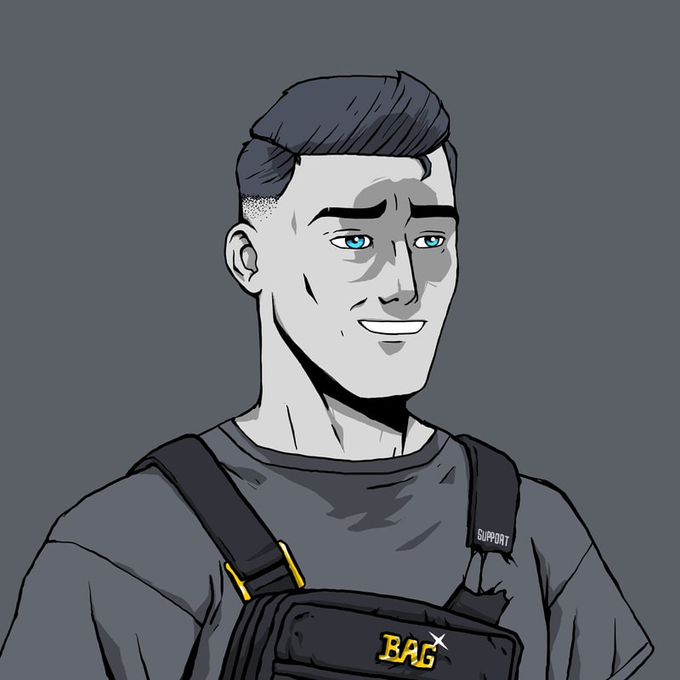 A cartoon-style illustration of a confident, smiling man wearing a gray shirt and a black tactical bag/harness with "SUPPORT" and "BAG" labels, visually representing the "$4.50 support" level mentioned in the post about INJ. The "SUPPORT" tag on the strap reinforces the trading concept of a price support level where a bounce is expected.