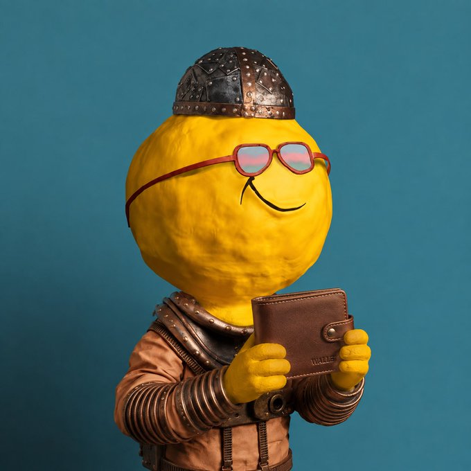 A 3D-rendered yellow smiley face character wearing a Viking-style metal helmet, red sunglasses, and brown armor, holding a brown leather wallet against a blue background.