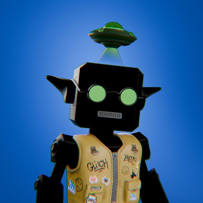 A 3D rendered robot character with a black cube-shaped head, green glowing eyes, a small UFO hovering above, and wearing a yellow vest covered in various colorful patches and graffiti-style text.