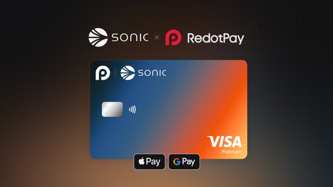 The image features an advertisement for a new payment method that allows users to pay using cryptocurrency directly from their wallet at convenience stores. The payment card has been developed by Sonic and RedotPay, with the names of both companies displayed prominently on the front of the card. The card is designed to be easily swiped through a mobile app or terminal, making it convenient for users to make purchases without needing a physical credit card. The image also includes text that highlights the benefits of using this payment method, such as the integration with real-world spending scenarios and the inclusion of cryptocurrency tokens in the payment process.