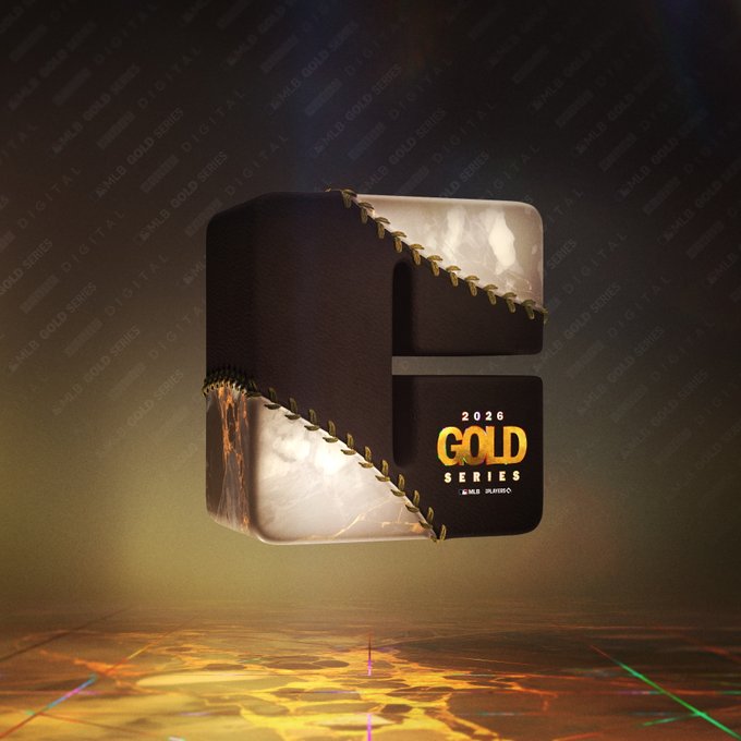 A 3D-rendered dark, glossy letter "G" wrapped in gold chains is displayed with the text "2026 GOLD SERIES MLB JUMBO" on its front, set against a dark background with reflective gold surfaces below. The image showcases the NFT from the "2026 Gold Series - Next Gen" collection, specifically edition #22 out of 36, which sold for $717 (9.44 SOL) to buyer 5D6F…auMJ.