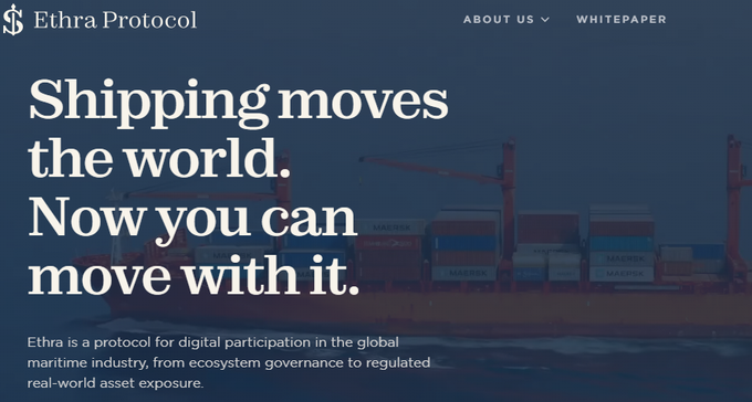 Ethra Protocol website homepage with the tagline 'Shipping moves the world. Now you can move with it.', describing itself as a protocol for digital participation in the global maritime industry.