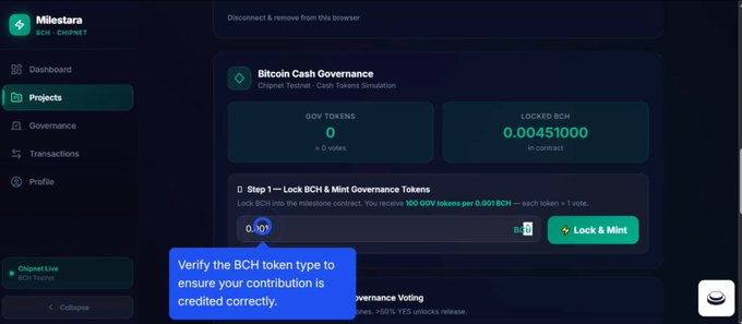A screenshot of the Milestora BCH/CHIPNET dApp interface showing a 'Bitcoin Cash Governance' page with a 'Lock BCH & Mint Governance Tokens' step and a blue popup stating 'Verify the BCH token type to ensure your contribution is credited correctly.'