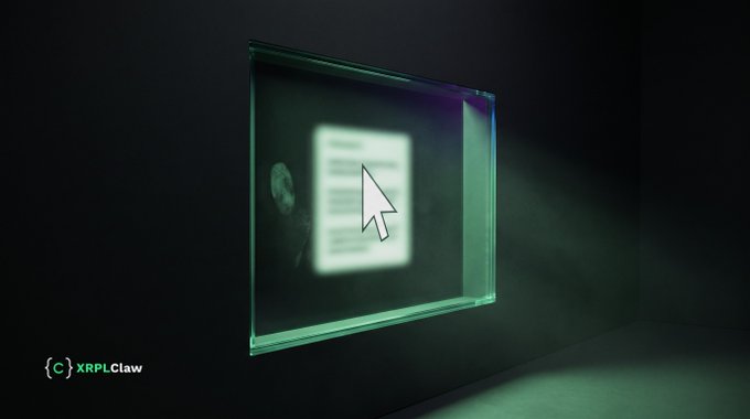 A 3D render of a glowing green holographic screen displaying a mouse cursor pointing at a list, with a small logo and the text '(c) XRPClaw' in the bottom left corner.
