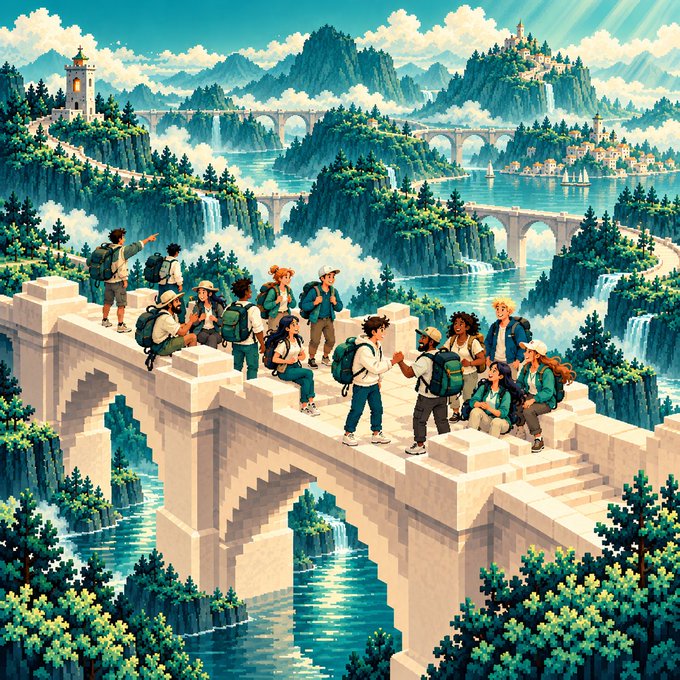 An illustrated pixel-art style scene depicts a group of young hikers with backpacks standing and sitting on a large stone bridge, surrounded by lush green mountains, waterfalls, and a distant castle in the sky.