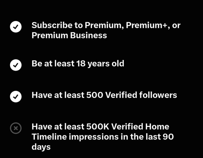 A checklist on a black background showing requirements: subscribe to Premium, be at least 18, have 500 Verified followers (checked), and have 500K Verified Home Timeline impressions (unchecked).