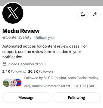 A Twitter/X profile page for "Media Review" (@ContentSafety) showing 2.4K Following and 26.8K Followers, joined December 2021, with automated notices for content review cases. The post caption "rip ethereum habibis X account" suggests this bot account, which typically handles automated moderation notices, may have been used to issue automated content review actions on Ethereum-related accounts.
