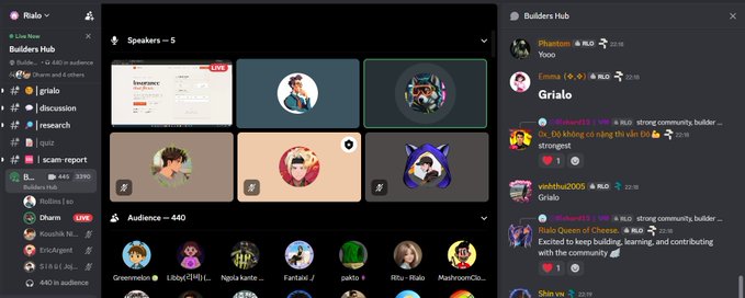 A screenshot of a Rialo platform interface showing the Builders Hub with speakers and audience panels, featuring profiles like Phantom, Voodoo2005, and a community announcement about @Prad1094 becoming a builder.