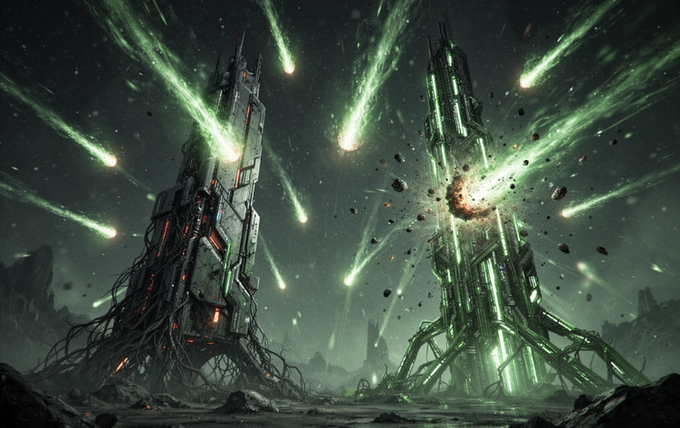 A dark sci-fi illustration of two towering futuristic structures under attack by green glowing meteors raining down from the sky, creating explosions on impact.
