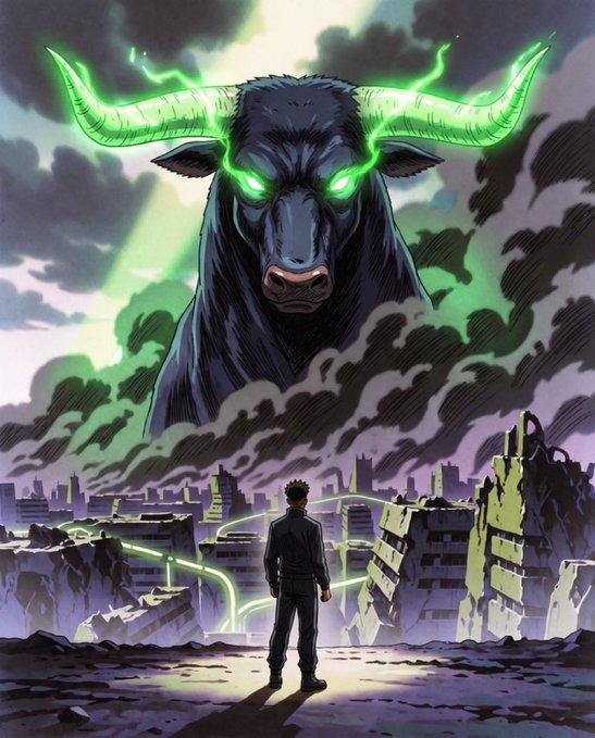 An anime-style illustration depicts a person standing before a massive bull with glowing green horns and eyes emerging from dark smoke over a ruined cityscape.