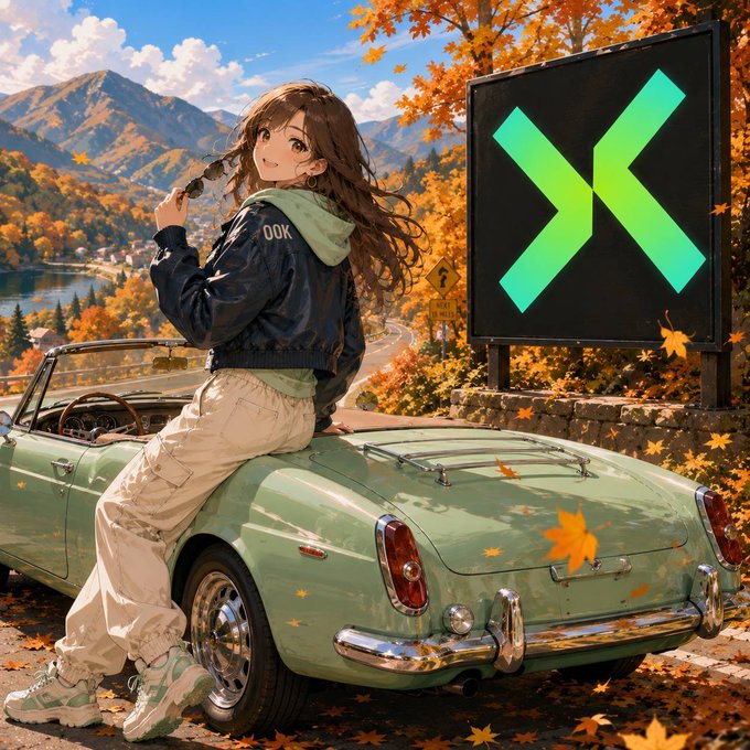 An anime-style illustration of a brown-haired woman wearing a jacket with 'OOK' on the back, leaning against a vintage green convertible car with autumn leaves, mountains, and a billboard displaying a green 'X' logo in the background.