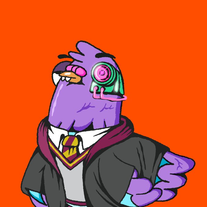 A cartoon illustration of a purple bird-like character wearing a black robe with a striped tie, a white shirt, and a swirling hypnotic eye device on its head, set against an orange background.