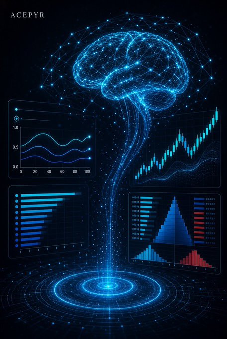 A digital illustration featuring a glowing blue wireframe brain surrounded by floating data visualization charts and graphs, with the text "ACEPYR" in the top-left corner.
