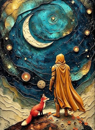 A fantasy-style illustration of a hooded figure in an orange cloak standing beside a red fox, gazing at a swirling cosmic sky filled with planets and stars.