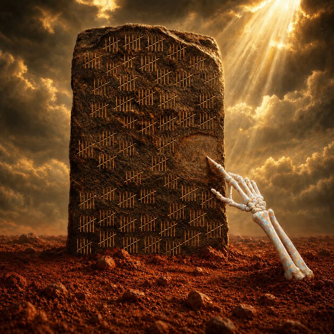A dramatic artistic rendering of a large stone slab covered in tally marks standing in a barren landscape, with a skeletal hand reaching out from the ground against a cloudy sky.