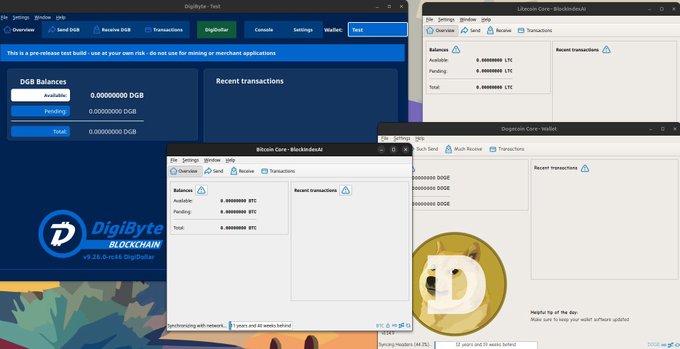 The image shows the DigiByte Core wallet (v9.0.0-r618) with a modern interface, displayed alongside the dated, minimal interfaces of the Litecoin Core, Bitcoin Core, and Dogecoin Core wallets, visually supporting the post's claim that DigiByte offers a significantly improved UI compared to BTC, LTC, and DOGE.