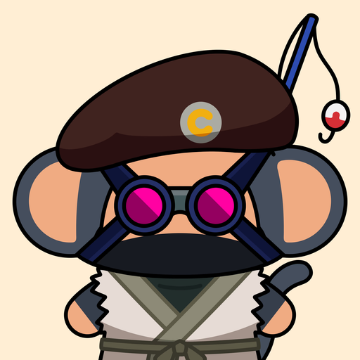 A cartoon illustration of a mouse wearing a dark beret with a yellow "C" logo, round pink sunglasses, and a martial arts-style outfit with a fishing rod on its back.