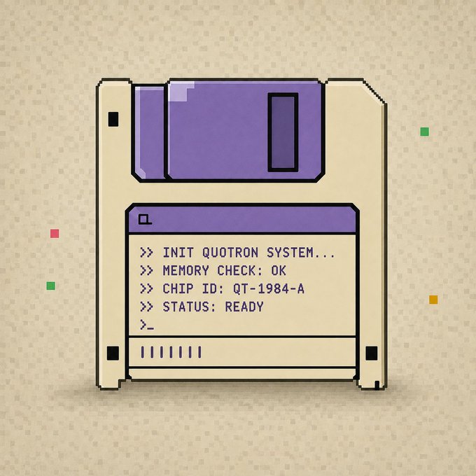 A pixel-art floppy disk displays a boot screen reading ">> INIT QUOTRON SYSTEM... >> MEMORY CHECK: OK >> CHIP ID: QT-1984-A >> STATUS: READY" with a blinking cursor, evoking retro computing nostalgia. The vintage disk imagery cleverly ties to the "Minting today on @opensea" post, suggesting a nostalgic Web3 NFT launch on the OpenSea platform.