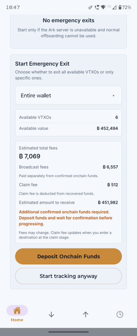 Mobile app screenshot showing an 'Emergency Exit' interface with options to exit entire wallet, displaying 6 available VTXOs worth ฿452,494, estimated total fees of ฿7,069, and buttons to 'Deposit Onchain Funds' or 'Start tracking anyway'.