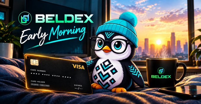 A promotional graphic for 'BELDEX Early Morning' features a cartoon penguin with glasses and a beanie, alongside a black Visa card and a branded mug against a city sunrise backdrop.