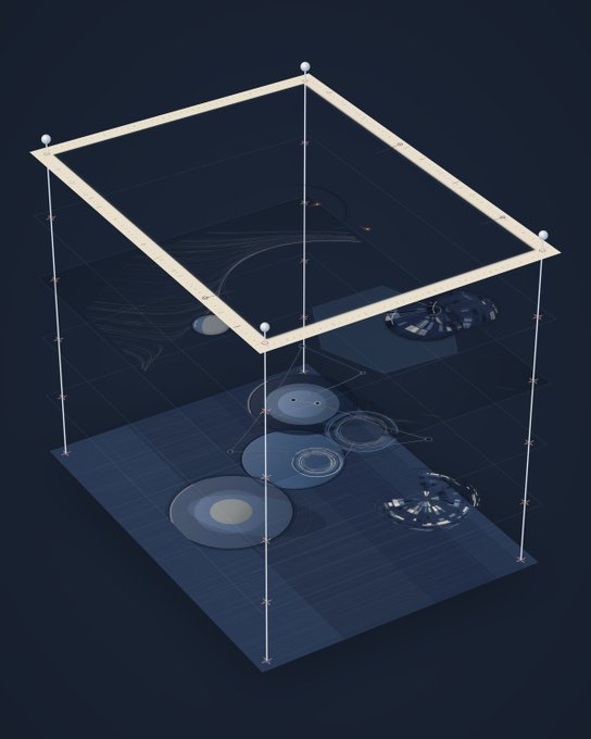 A 3D wireframe rendering displays a transparent cube structure with circular platform elements arranged on a grid below it, set against a dark blue background.