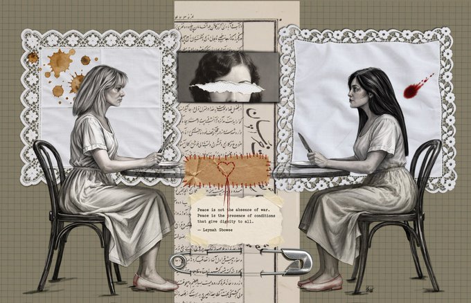A surreal collage-style artwork showing two women seated facing each other at desks, with a censored face in the center and a quote reading 'Peace is not the absence of war. Peace is the presence of conditions that give dignity to all. - Leymah Gbowee'.