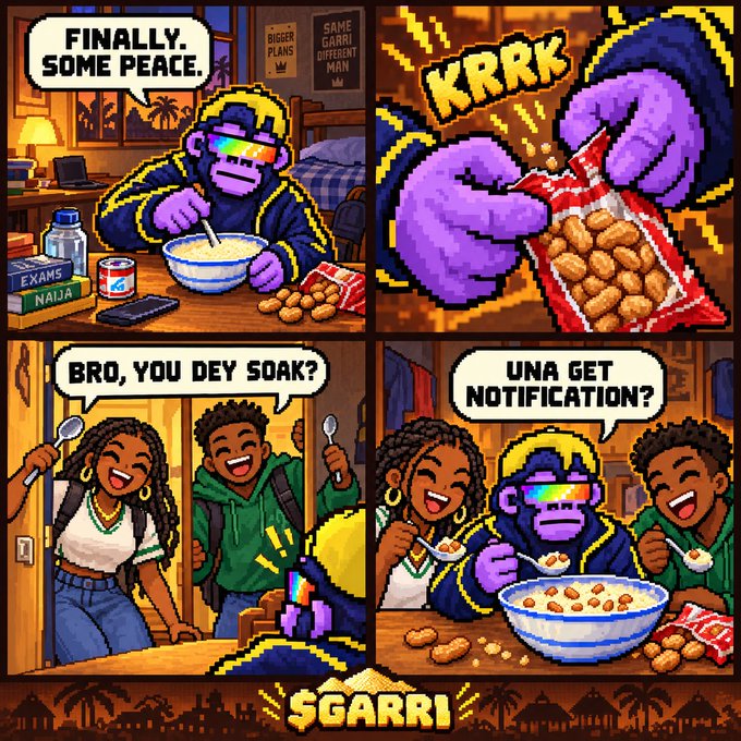 A pixel art comic titled "SGARRI" featuring a purple gorilla character who finally finds peace eating cereal, until friends burst in asking if he'd eaten and received a notification.