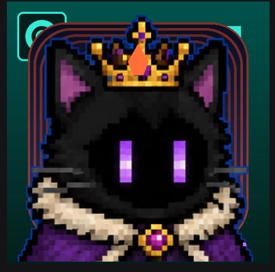 A pixel art portrait of a black cat wearing a gold crown with a red gem and a white fur collar, with purple eyes.