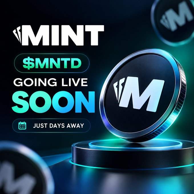 A promotional graphic for the cryptocurrency $MNTD (MINT) showing "GOING LIVE SOON" with "JUST DAYS AWAY" and featuring a 3D rendered coin logo.