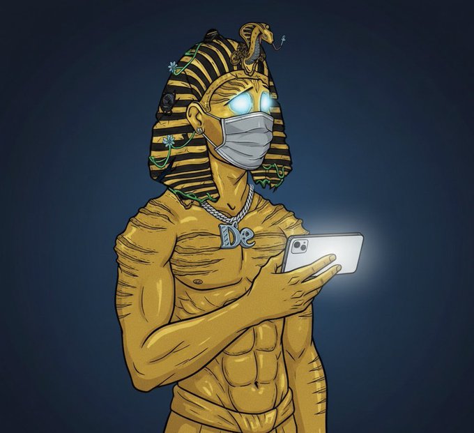 The image features an illustration of a muscular man wearing a yellow costume with a pharaoh mask, holding a smartphone and posing for the photo against a dark background that includes stars. The caption below reads "Make a request $1 - $1000 I'll see if i can help some ppl that follow us Like & RT & Drop". This could be an advertisement or promotional content related to an event involving pharaohs, Egyptian-themed items, or even something related to fitness and health. The man holding the smartphone might symbolize how technology has become an integral part of people's lives in modern times.