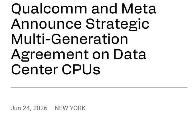 A news article headline reads "Qualcomm and Meta Announce Strategic Multi-Generation Agreement on Data Center CPUs" dated Jun 24, 2026 in New York.