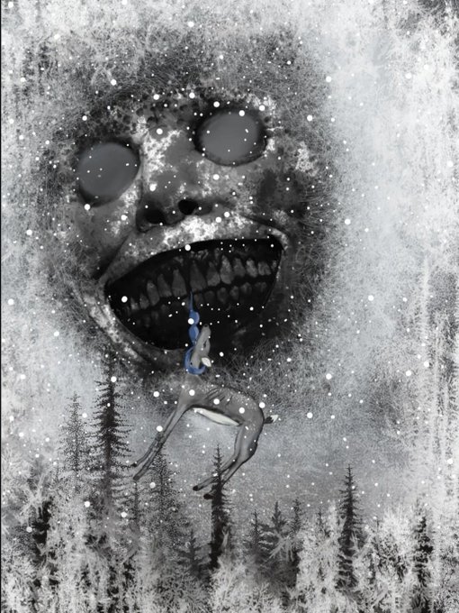 A dark, surreal digital illustration shows a giant, grinning monstrous face looming in a snowy sky above a forest of pine trees.