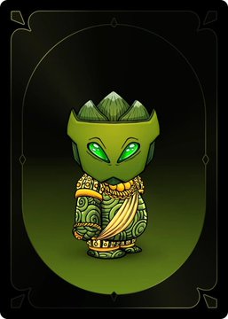 A dark fantasy-style character figurine with green glowing eyes, a green crown, and ornate robes, displayed against a dark background with decorative borders.