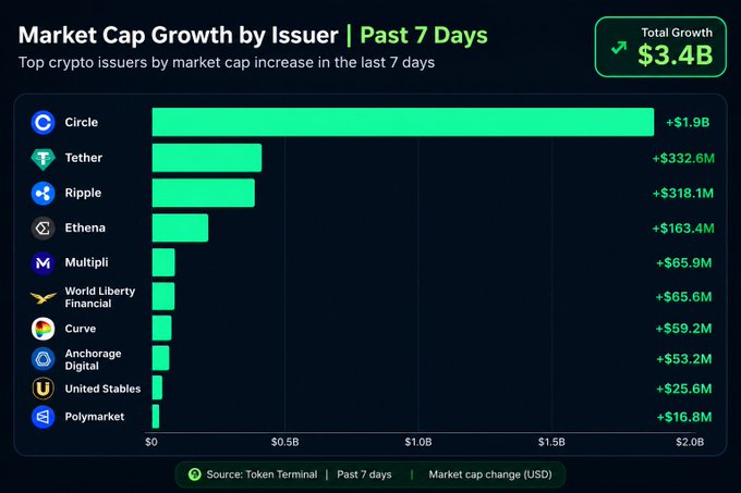 A bar chart titled "Market Cap Growth by Issuer | Past 7 Days" shows Circle leading with +$1.9B growth, followed by Tether (+$332.6M) and Ripple (+$318.1M), with total growth of $3.4B, sourced from Token Terminal.