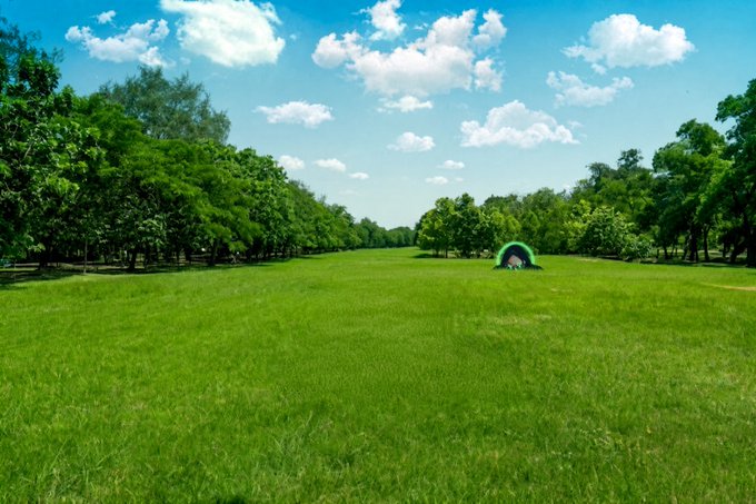 A vibrant green field stretches toward a tree line under a blue sky with scattered clouds, with a small green and white tent visible in the distance.
