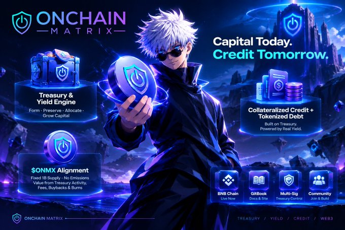 The image is a promotional graphic for **Onchain Matrix**, featuring an anime-style character holding a glowing $ONMX token against a futuristic blue and purple backdrop. It highlights the project's key features—**"Treasury & Yield Engine: Form, Preserve, Allocate, Grow Capital,"** **"$ONMX Alignment: Fixed 1B Supply, No Emissions, Value from Treasury Activity, Fees, Buybacks & Burns,"** and **"Collateralized Credit + Tokenized Debt: Built on Treasury, Powered by Real Yield"**—along with its tagline **"Capital Today. Credit Tomorrow."** and mention of **BNB Chain**. 

The graphic directly reinforces the accompanying post by visually emphasizing Onchain Matrix's core thesis: a capital-first DeFi system on BNB Chain where value comes from a protocol-owned treasury rather than token emissions, contrasting sharply with typical KOL-driven promotional campaigns.