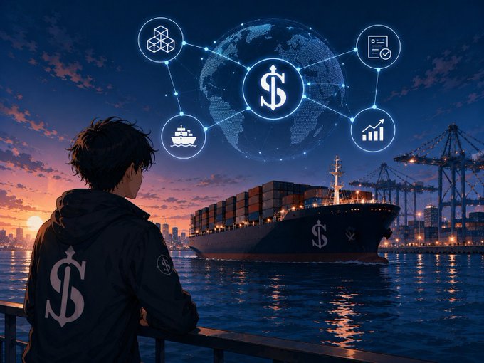 An anime-style illustration of a person in a hoodie with a dollar sign symbol looking at a cargo ship and a floating globe connected to trade and finance icons.