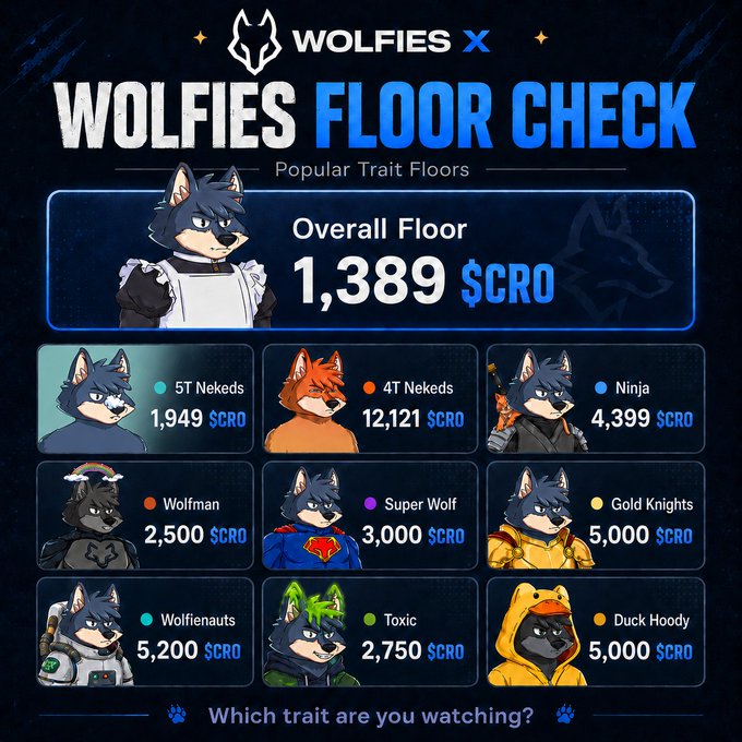 A "WOLFIES FLOOR CHECK" dashboard showing popular trait floor prices in $CRO, with an Overall Floor of 1,389 $CRO and traits like 5T Nekeds (1,949), 4T Nekeds (12,121), Ninja (4,399), Wolfman (2,500), Super Wolf (3,000), Gold Knights (5,000), Wolfienauts (5,200), Toxic (2,750), and Duck Hoody (5,000).