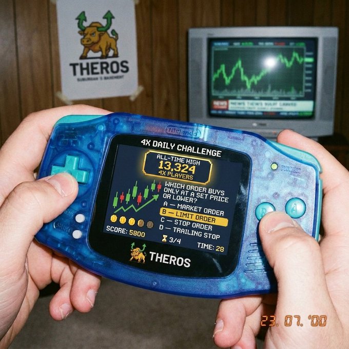 Two hands hold a translucent blue Nintendo handheld gaming device displaying a 'THEROS' 4X Daily Challenge trading quiz, with a TV showing a stock chart in the background.